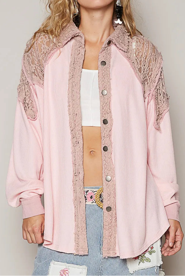 POL Lace Patchwork Button Up Shacket-Jackets-Krush Kandy, Women's Online Fashion Boutique Located in Phoenix, Arizona (Scottsdale Area)