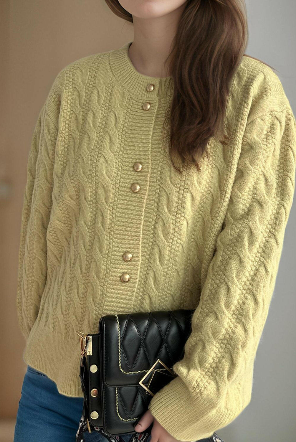 Cable-Knit Round Neck Long Sleeve Cardigan-Cardigans-Krush Kandy, Women's Online Fashion Boutique Located in Phoenix, Arizona (Scottsdale Area)