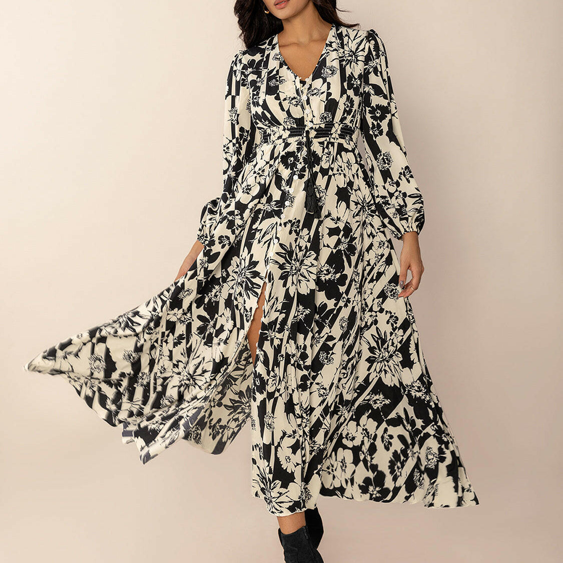 Tied Printed V-Neck Long Sleeve Midi Dress-Krush Kandy, Women's Online Fashion Boutique Located in Phoenix, Arizona (Scottsdale Area)