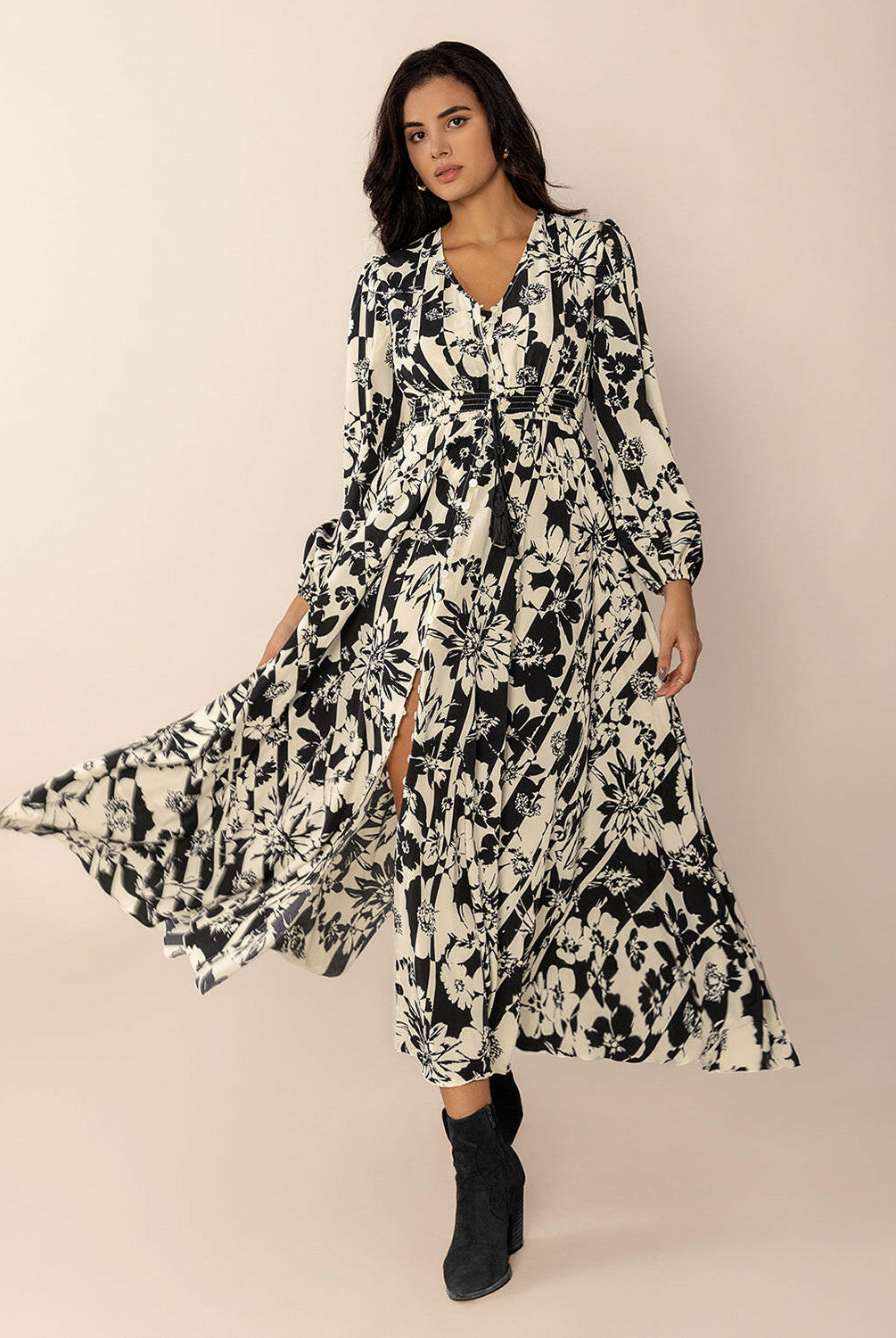 Tied Printed V-Neck Long Sleeve Midi Dress-Krush Kandy, Women's Online Fashion Boutique Located in Phoenix, Arizona (Scottsdale Area)