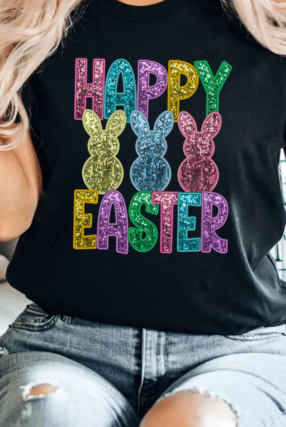 HAPPY EASTER Sequin Bunny Round Neck T-Shirt-Graphic Tees-Krush Kandy, Women's Online Fashion Boutique Located in Phoenix, Arizona (Scottsdale Area)