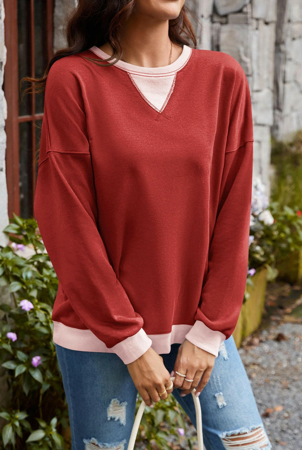 Lovelet Contrast Round Neck Long Sleeve Sweatshirt-Krush Kandy, Women's Online Fashion Boutique Located in Phoenix, Arizona (Scottsdale Area)