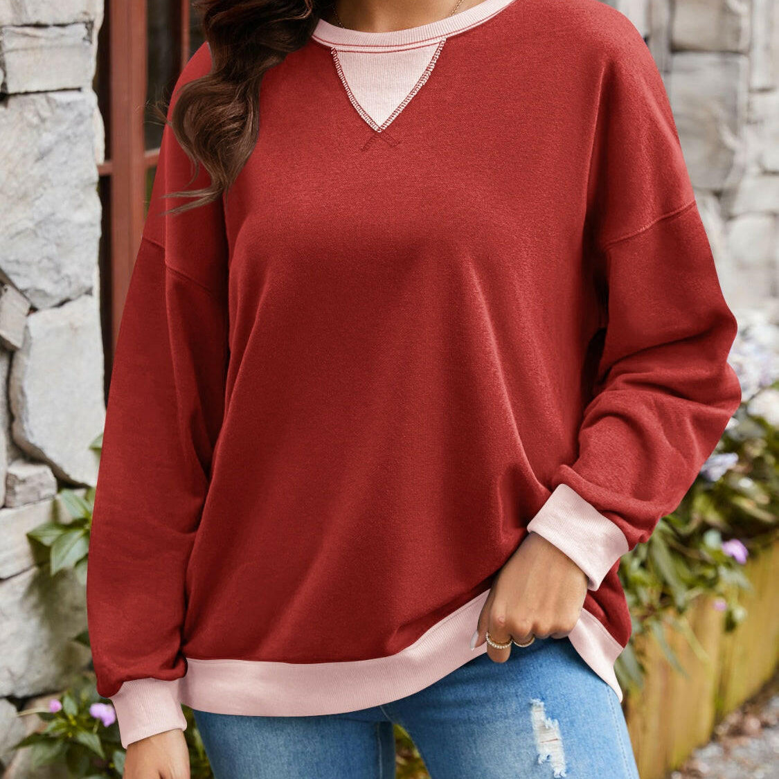 Lovelet Contrast Round Neck Long Sleeve Sweatshirt-Krush Kandy, Women's Online Fashion Boutique Located in Phoenix, Arizona (Scottsdale Area)