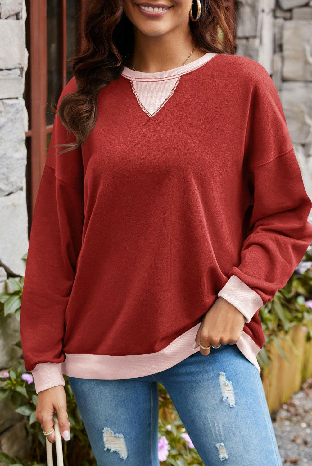 Lovelet Contrast Round Neck Long Sleeve Sweatshirt-Krush Kandy, Women's Online Fashion Boutique Located in Phoenix, Arizona (Scottsdale Area)