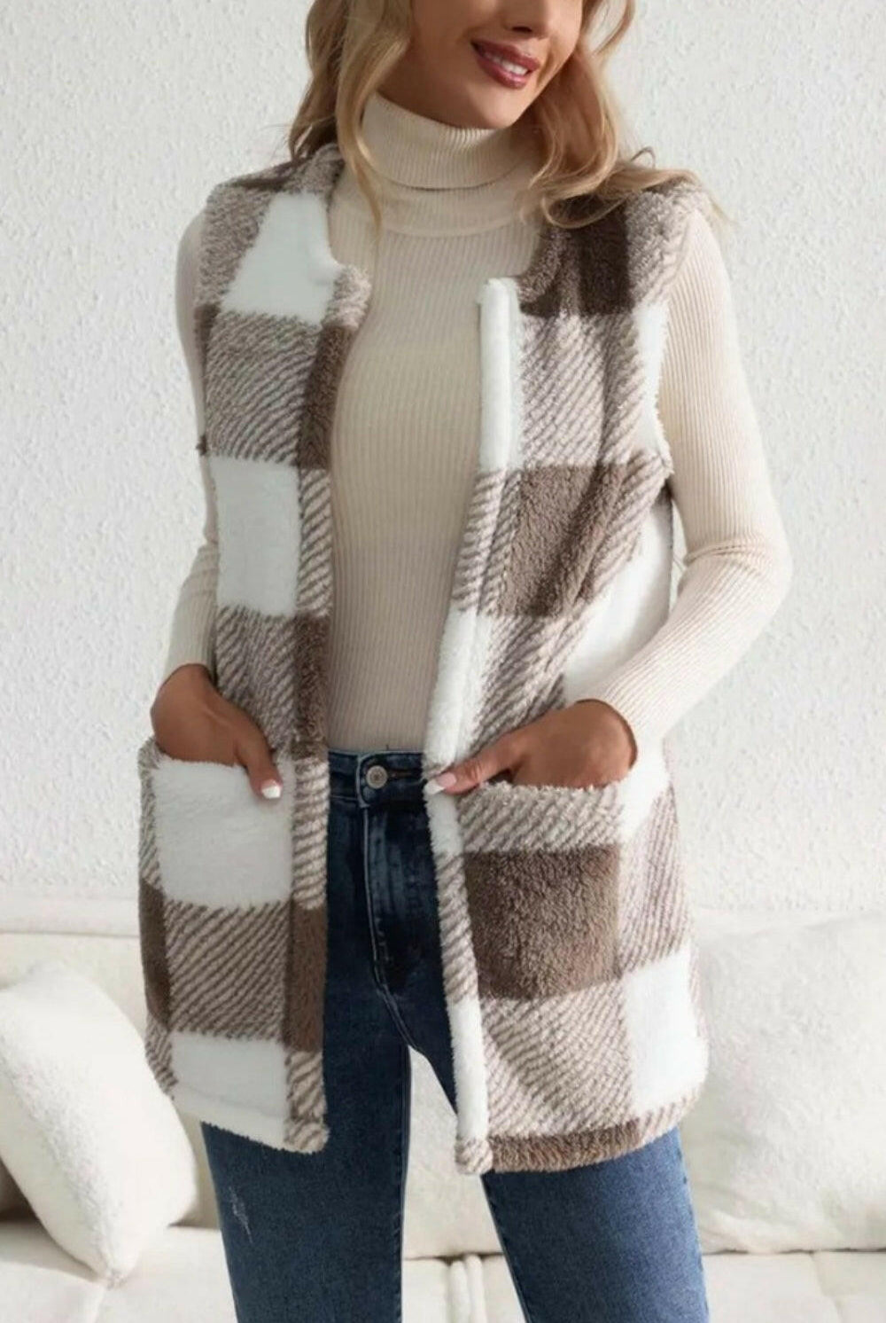 Sherpa Plaid Open Front Vest Coat-Krush Kandy, Women's Online Fashion Boutique Located in Phoenix, Arizona (Scottsdale Area)