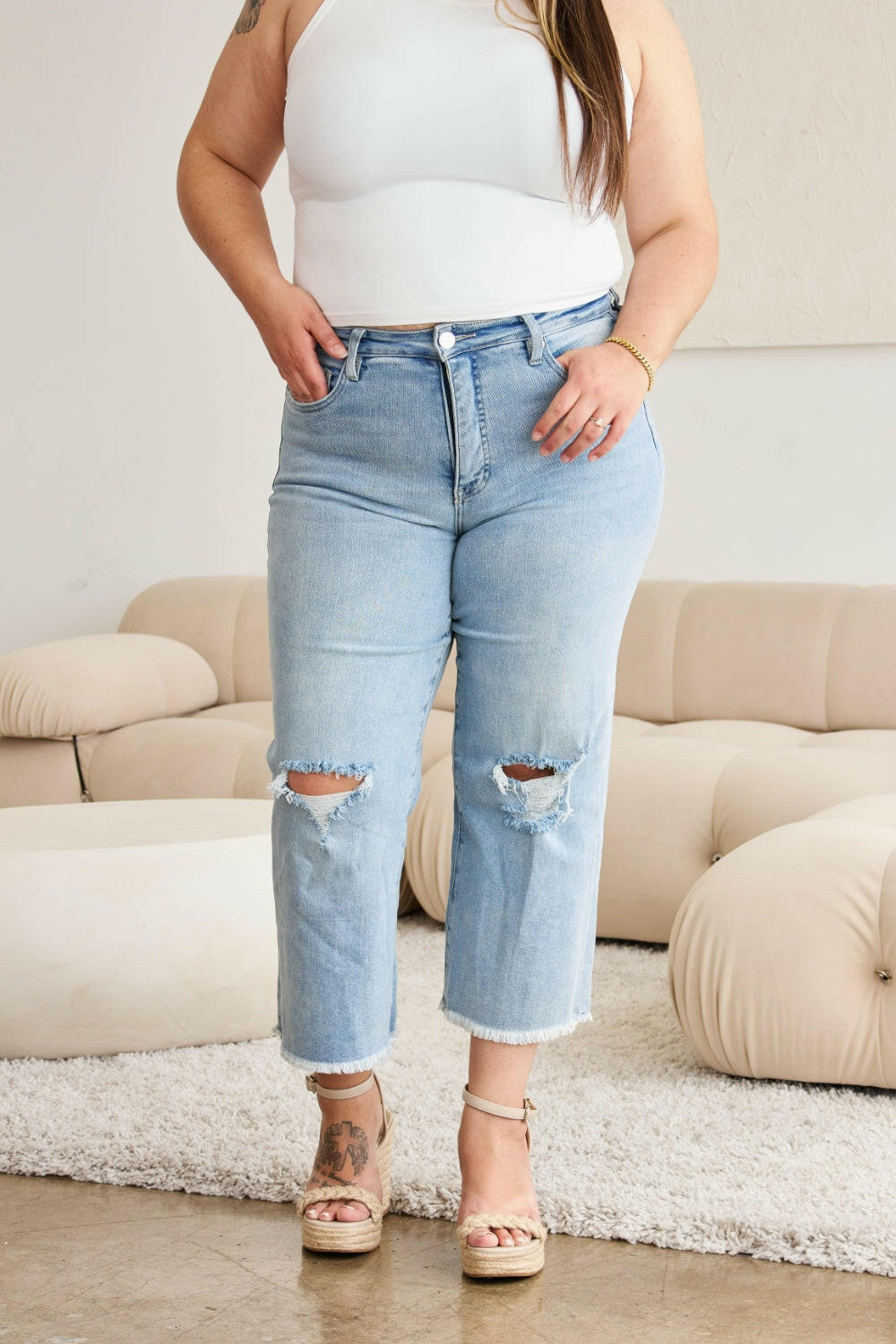 RfM Full Size Tummy Control High Waist Raw Hem Distressed Jeans-Krush Kandy, Women's Online Fashion Boutique Located in Phoenix, Arizona (Scottsdale Area)