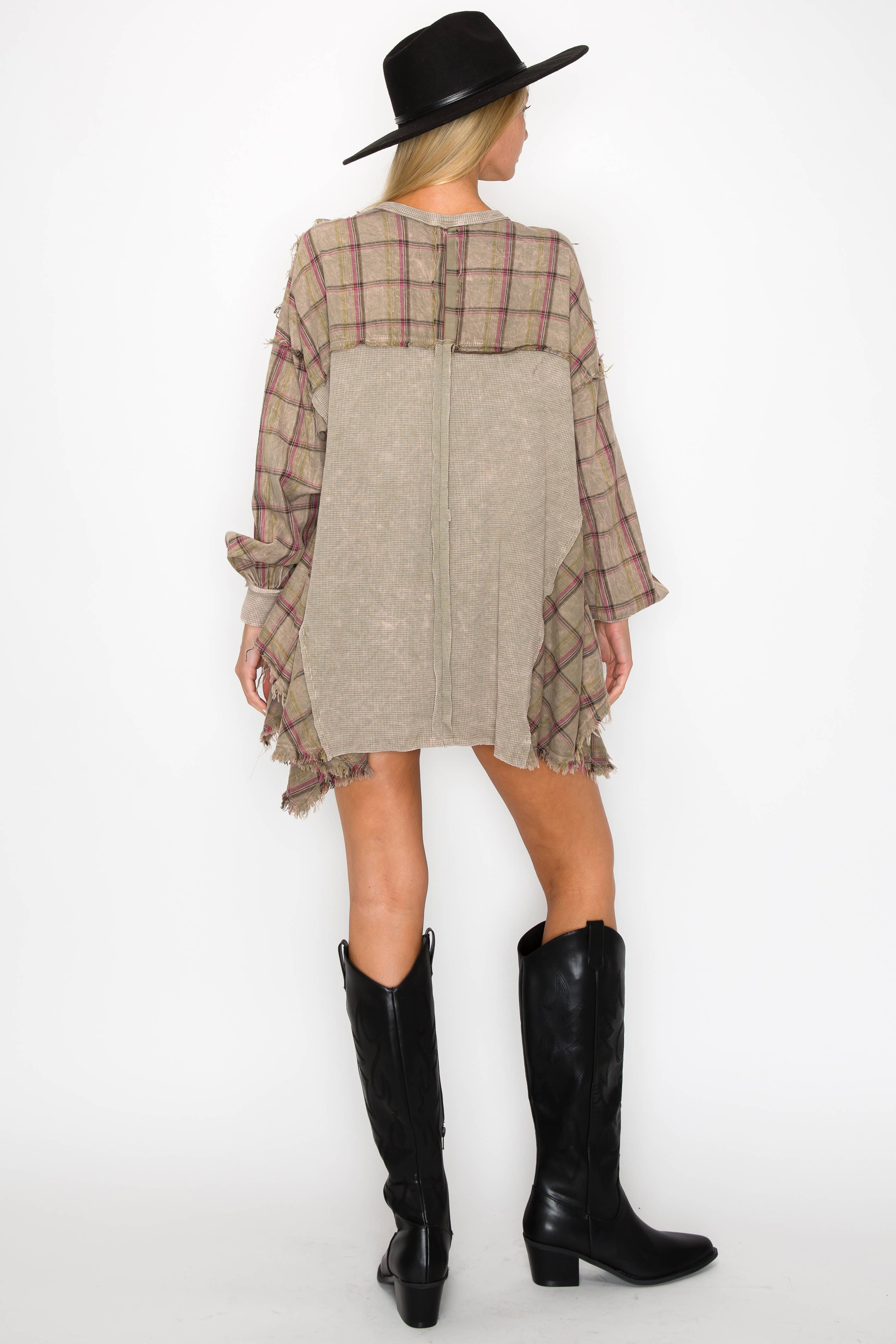Mineral Wash Pullover with Plaid Flannel-Tops-Krush Kandy, Women's Online Fashion Boutique Located in Phoenix, Arizona (Scottsdale Area)