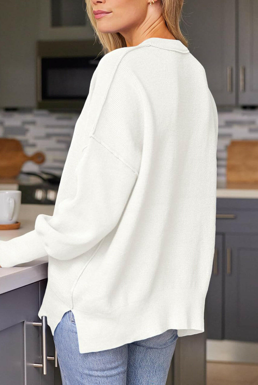 Slit Round Neck Dropped Shoulder Sweater-Krush Kandy, Women's Online Fashion Boutique Located in Phoenix, Arizona (Scottsdale Area)