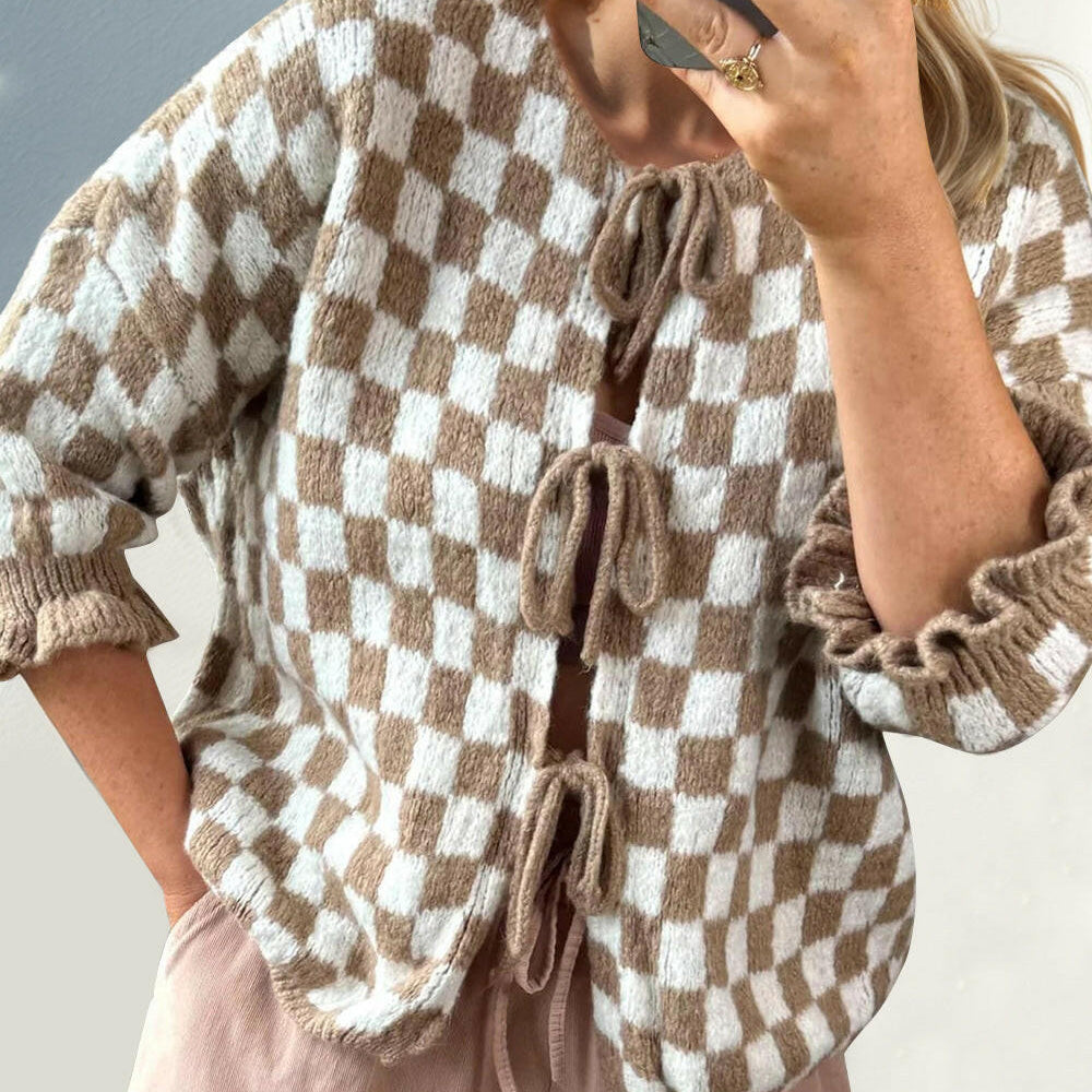 Double Take Tied Checkered Dropped Shoulder Flounce Sleeve Cardigan-Krush Kandy, Women's Online Fashion Boutique Located in Phoenix, Arizona (Scottsdale Area)