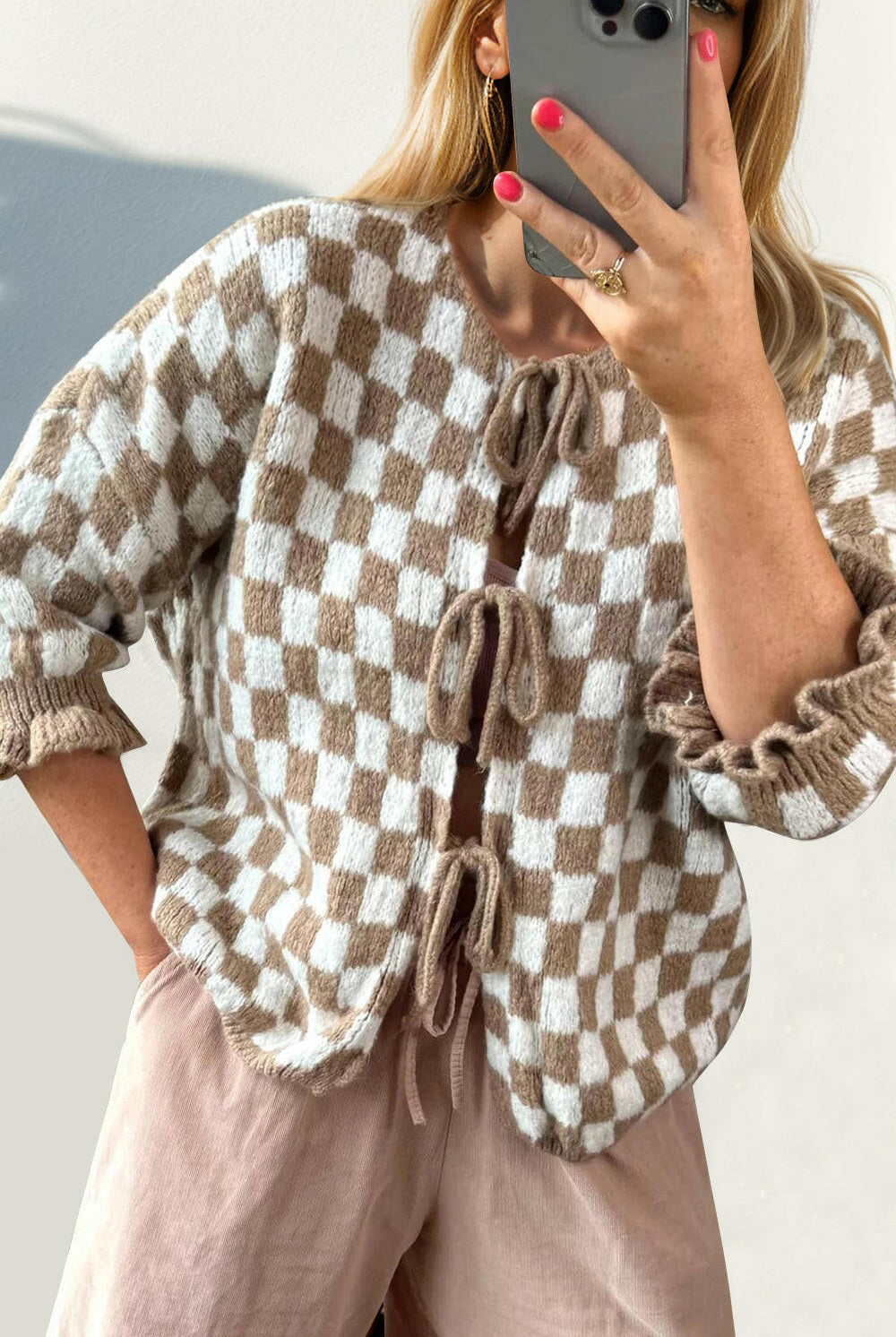Double Take Tied Checkered Dropped Shoulder Flounce Sleeve Cardigan-Krush Kandy, Women's Online Fashion Boutique Located in Phoenix, Arizona (Scottsdale Area)