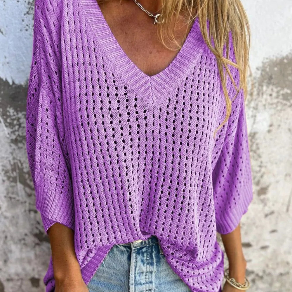 Full Size Openwork V-Neck Knit Cover Up Plus Size-Tops-Krush Kandy, Women's Online Fashion Boutique Located in Phoenix, Arizona (Scottsdale Area)