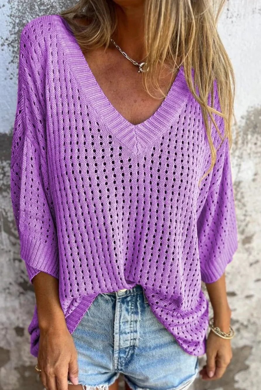 Full Size Openwork V-Neck Knit Cover Up Plus Size-Tops-Krush Kandy, Women's Online Fashion Boutique Located in Phoenix, Arizona (Scottsdale Area)