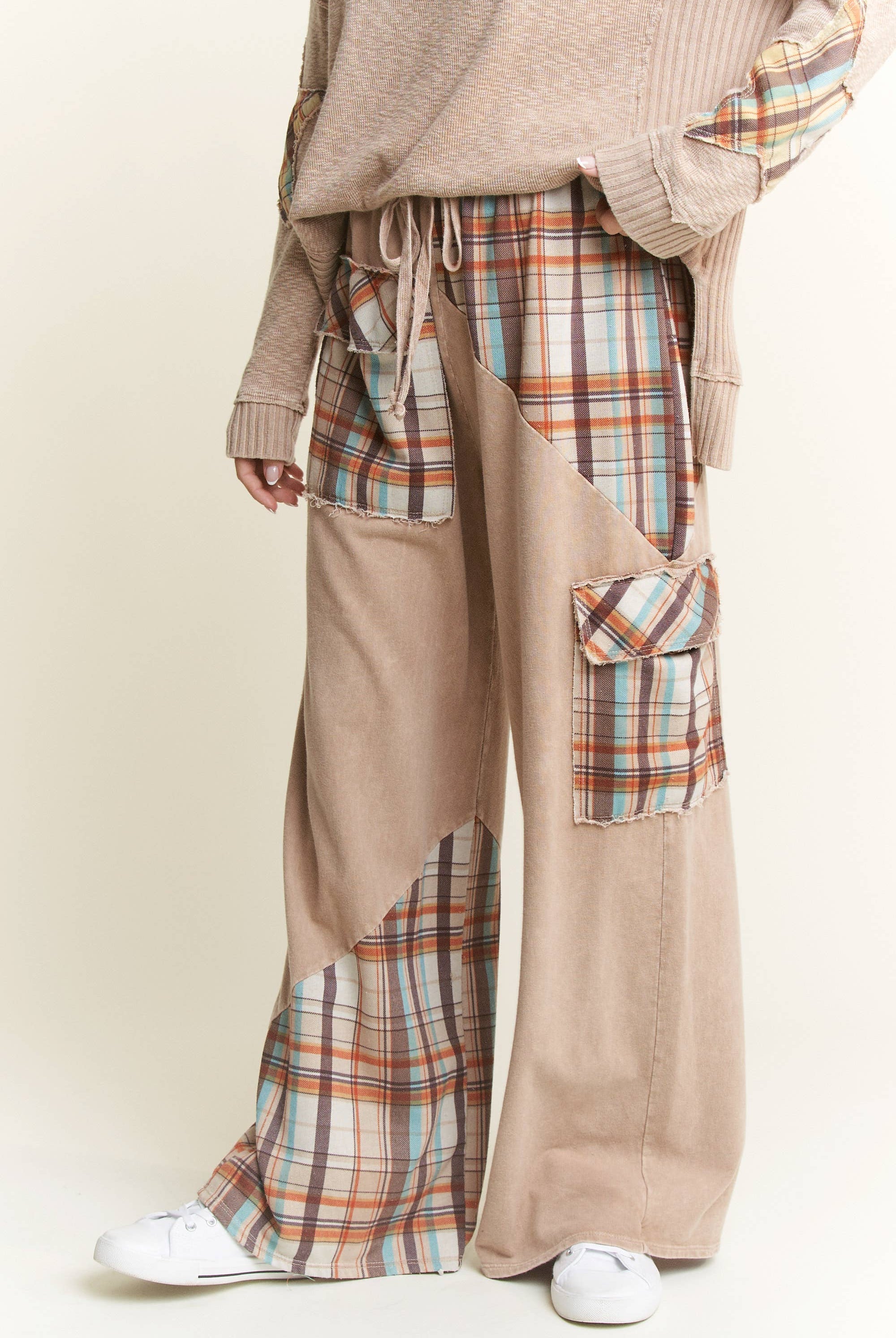 J.HER Mineral Wash Plaid Patched Straight Terry Pants-Pants-Krush Kandy, Women's Online Fashion Boutique Located in Phoenix, Arizona (Scottsdale Area)