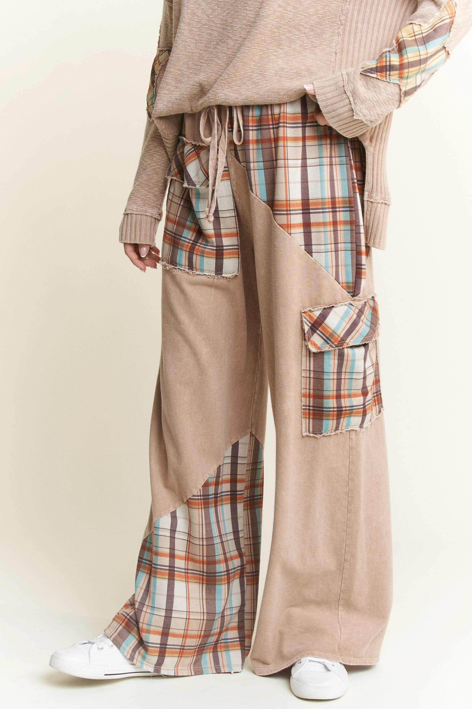 J.HER Mineral Wash Plaid Patched Straight Terry Pants-Pants-Krush Kandy, Women's Online Fashion Boutique Located in Phoenix, Arizona (Scottsdale Area)