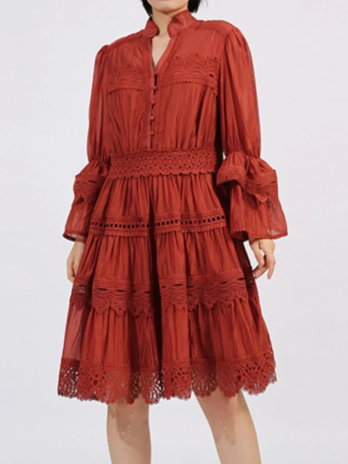 Ruffle Lace Trim Long Sleeve Dress-Dresses-Krush Kandy, Women's Online Fashion Boutique Located in Phoenix, Arizona (Scottsdale Area)