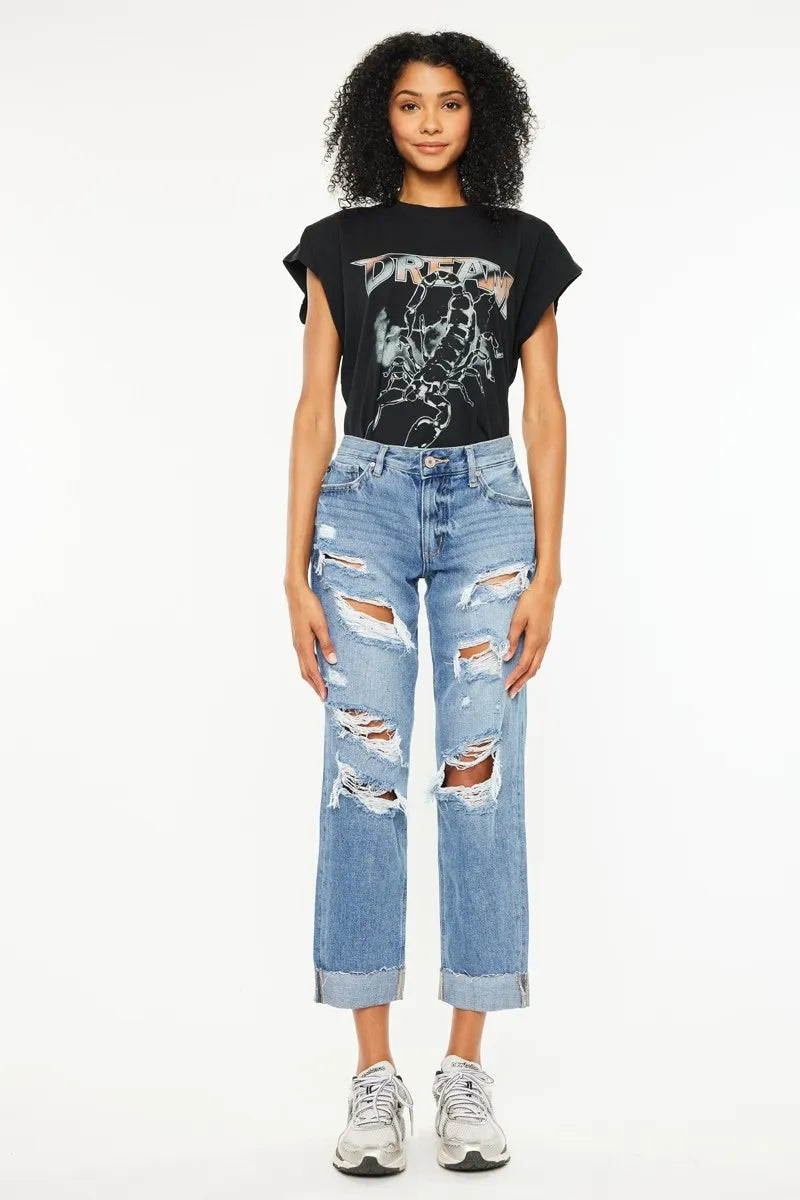 Kancan Mid Rise Distressed Boyfriend Fit Jeans-Denim-Krush Kandy, Women's Online Fashion Boutique Located in Phoenix, Arizona (Scottsdale Area)
