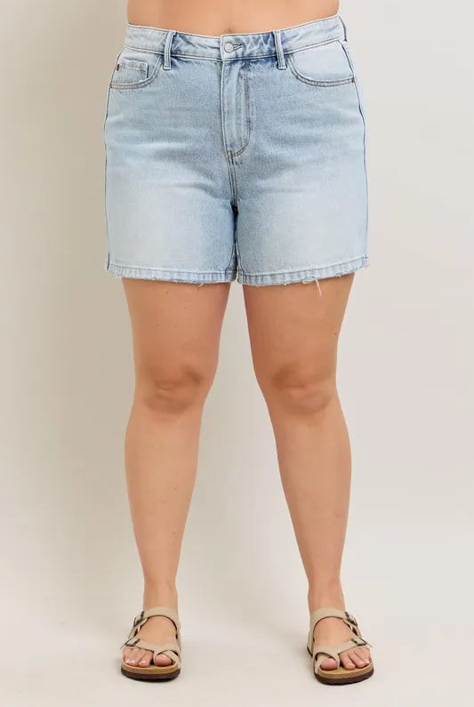 Judy Blue Full Size Frayed Hem High Rise Denim Shorts with Pockets Plus Size-Denim-Krush Kandy, Women's Online Fashion Boutique Located in Phoenix, Arizona (Scottsdale Area)