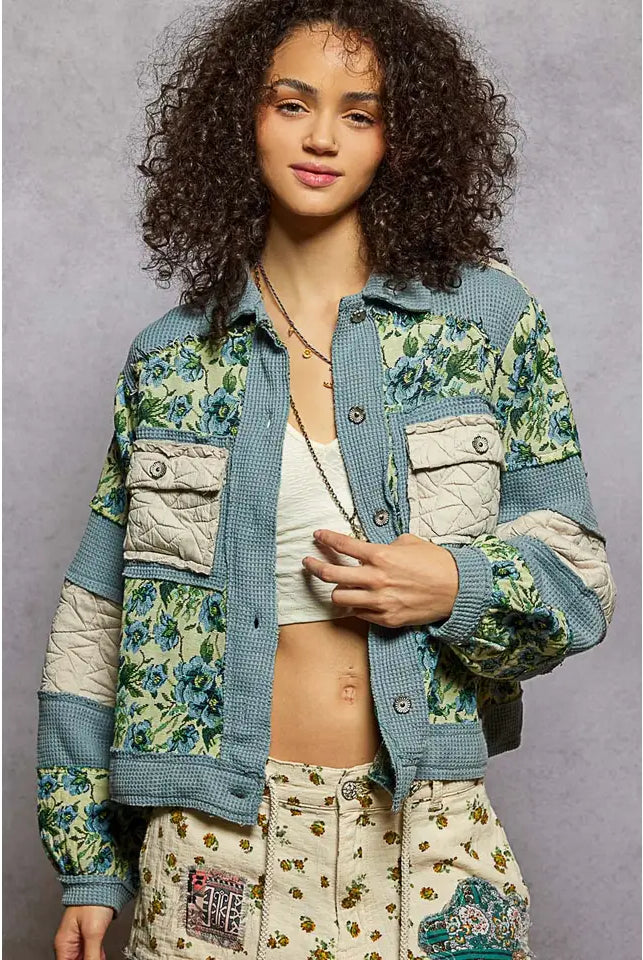 POL Vintage Washed Jacquard Color Block Jacket-Jacket-Krush Kandy, Women's Online Fashion Boutique Located in Phoenix, Arizona (Scottsdale Area)