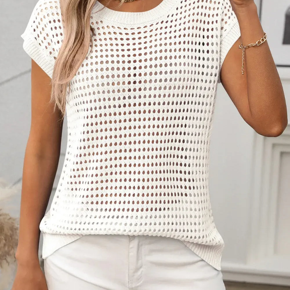 Openwork Round Neck Short Sleeve Knit Cover Up-Krush Kandy, Women's Online Fashion Boutique Located in Phoenix, Arizona (Scottsdale Area)