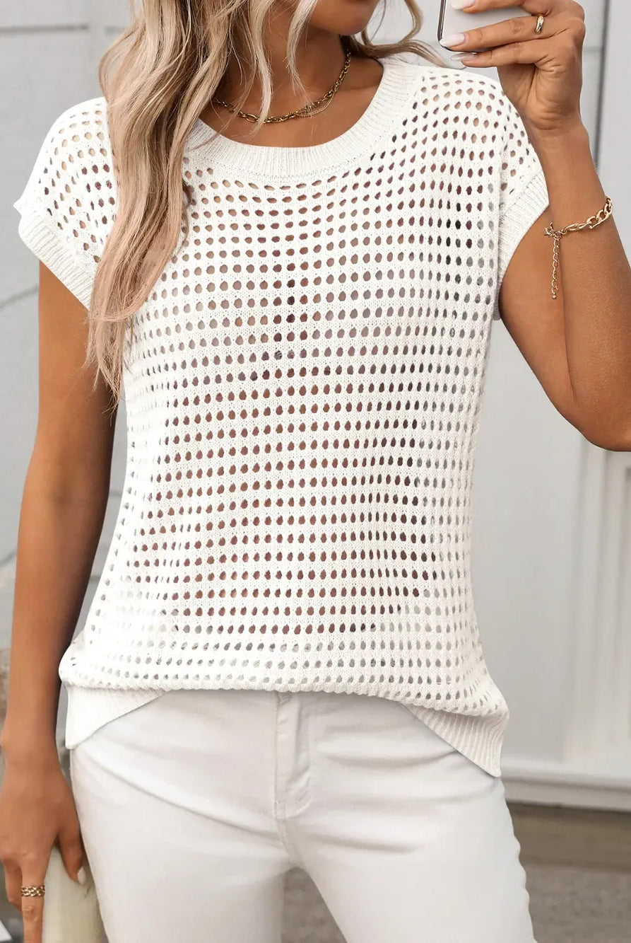 Openwork Round Neck Short Sleeve Knit Cover Up-Krush Kandy, Women's Online Fashion Boutique Located in Phoenix, Arizona (Scottsdale Area)