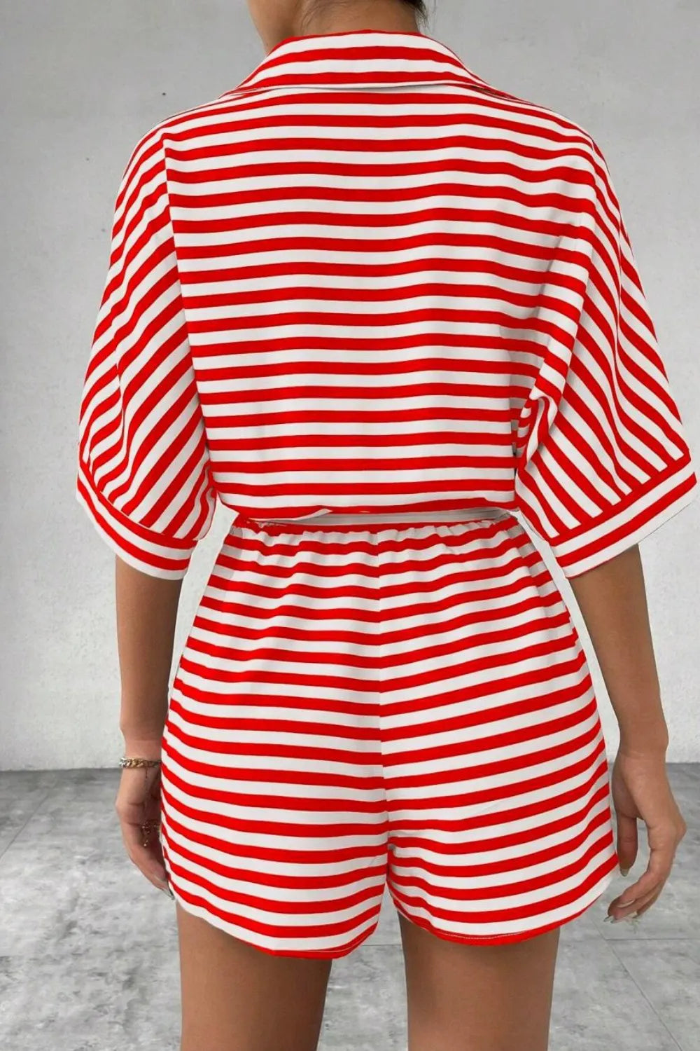 Striped Collared Neck Tie Waist Romper-Krush Kandy, Women's Online Fashion Boutique Located in Phoenix, Arizona (Scottsdale Area)