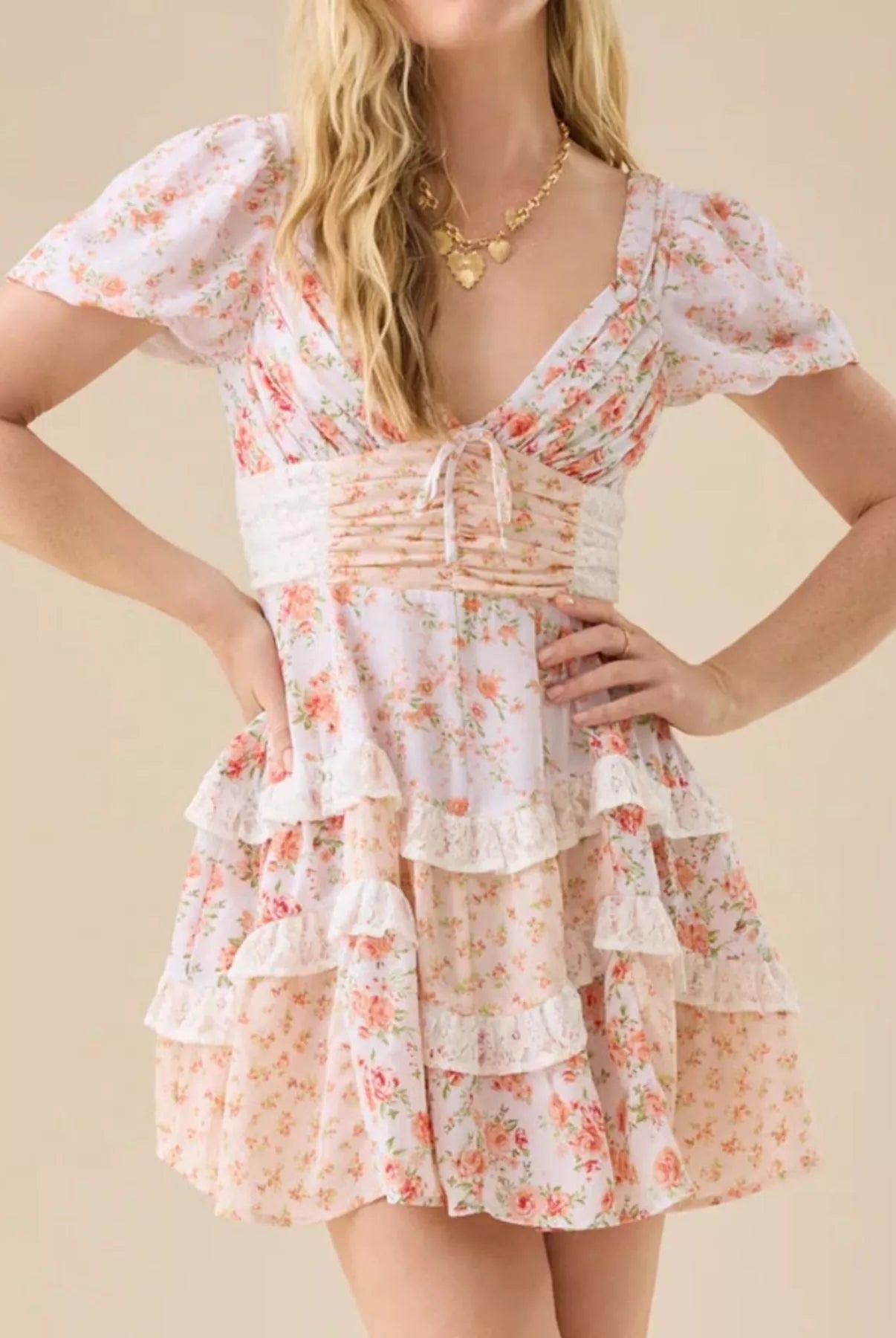 Floral Puff Sleeve Tiered Mini Dress-Dresses-Krush Kandy, Women's Online Fashion Boutique Located in Phoenix, Arizona (Scottsdale Area)