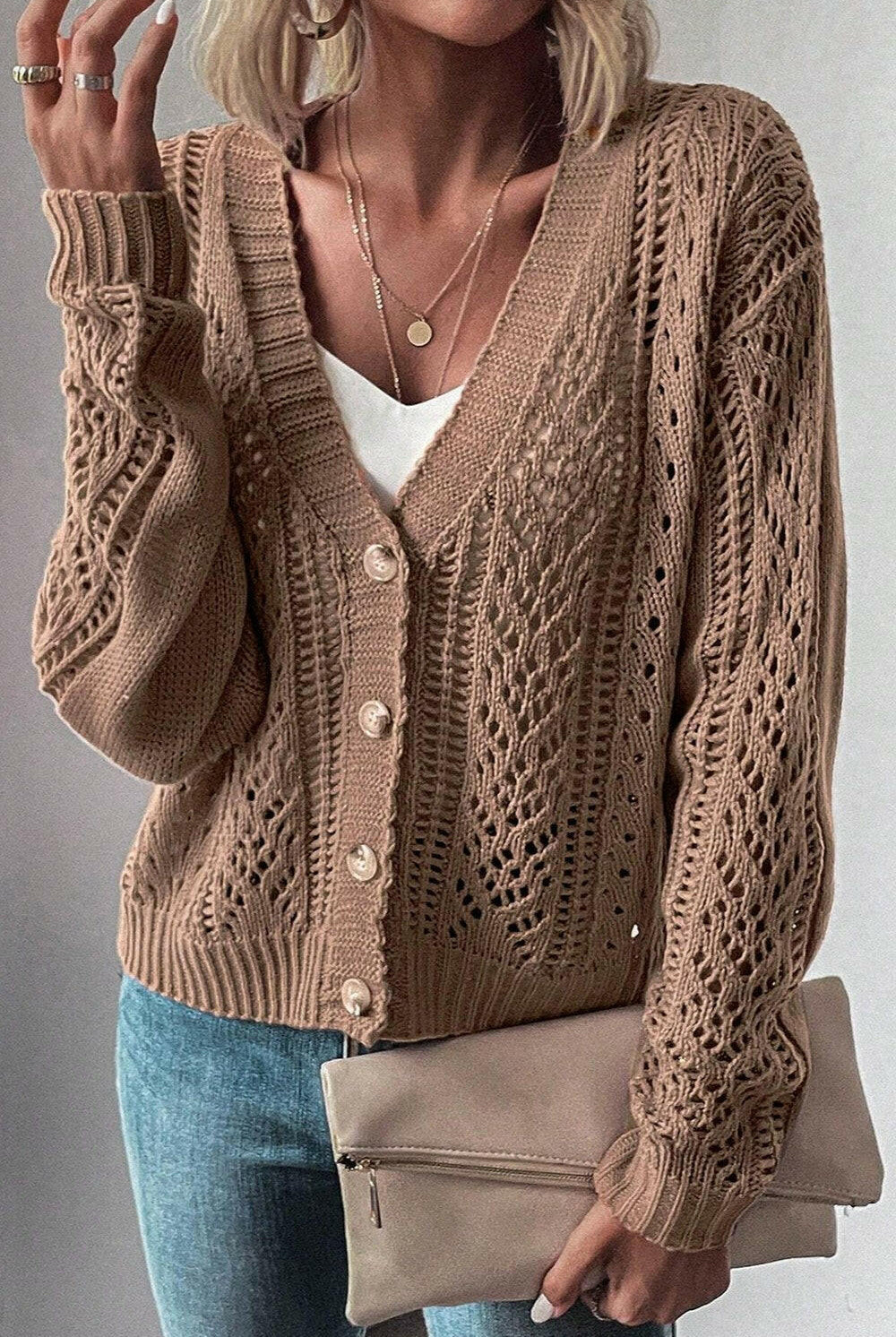 Openwork Button Up Long Sleeve Cardigan-Sweaters-Krush Kandy, Women's Online Fashion Boutique Located in Phoenix, Arizona (Scottsdale Area)