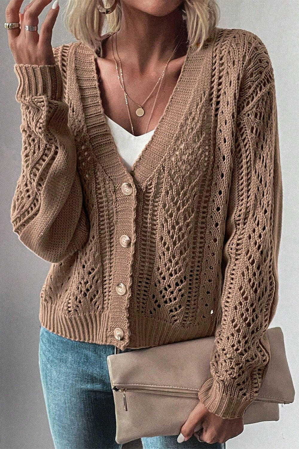 Openwork Button Up Long Sleeve Cardigan-Sweaters-Krush Kandy, Women's Online Fashion Boutique Located in Phoenix, Arizona (Scottsdale Area)