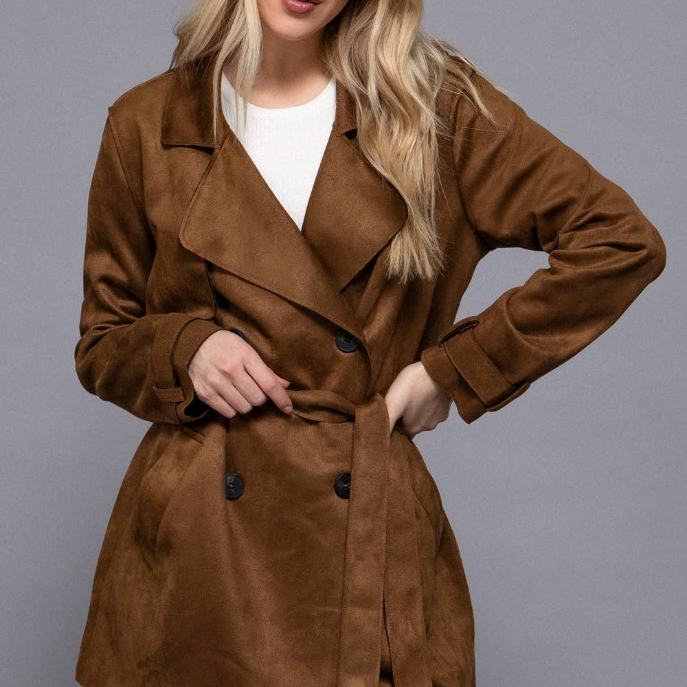 Long Sleeve Lapel Collar Self Belted Faux Suede Trench Coat-Coats-Krush Kandy, Women's Online Fashion Boutique Located in Phoenix, Arizona (Scottsdale Area)