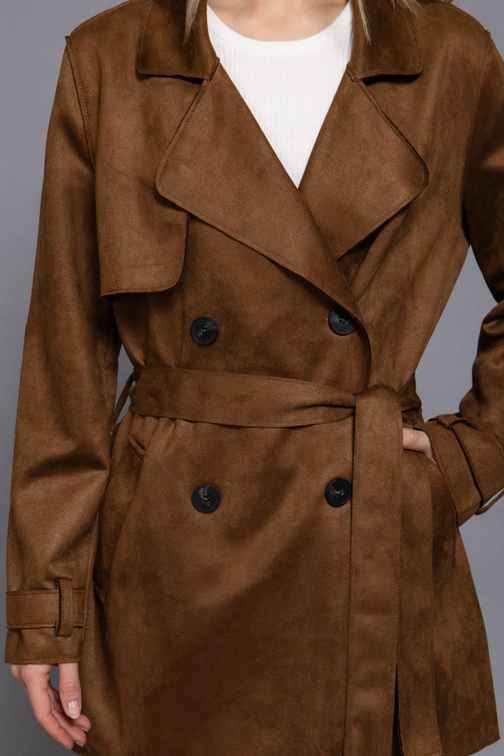 Long Sleeve Lapel Collar Self Belted Faux Suede Trench Coat-Coats-Krush Kandy, Women's Online Fashion Boutique Located in Phoenix, Arizona (Scottsdale Area)