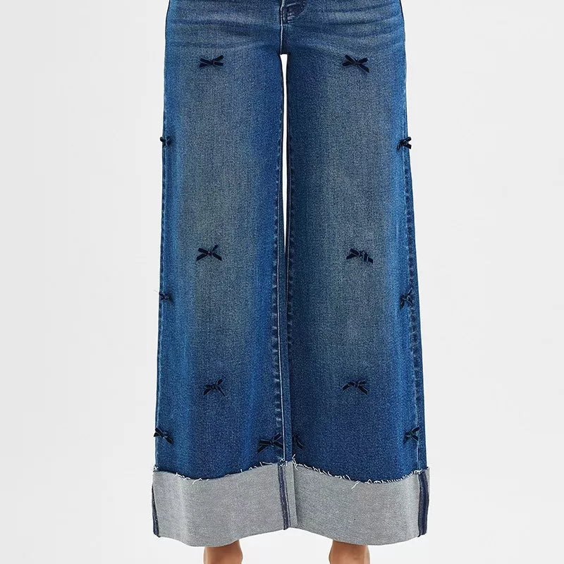 RISEN High Rise Crop Wide Leg Ribbon Detail Jeans-Jeans-Krush Kandy, Women's Online Fashion Boutique Located in Phoenix, Arizona (Scottsdale Area)