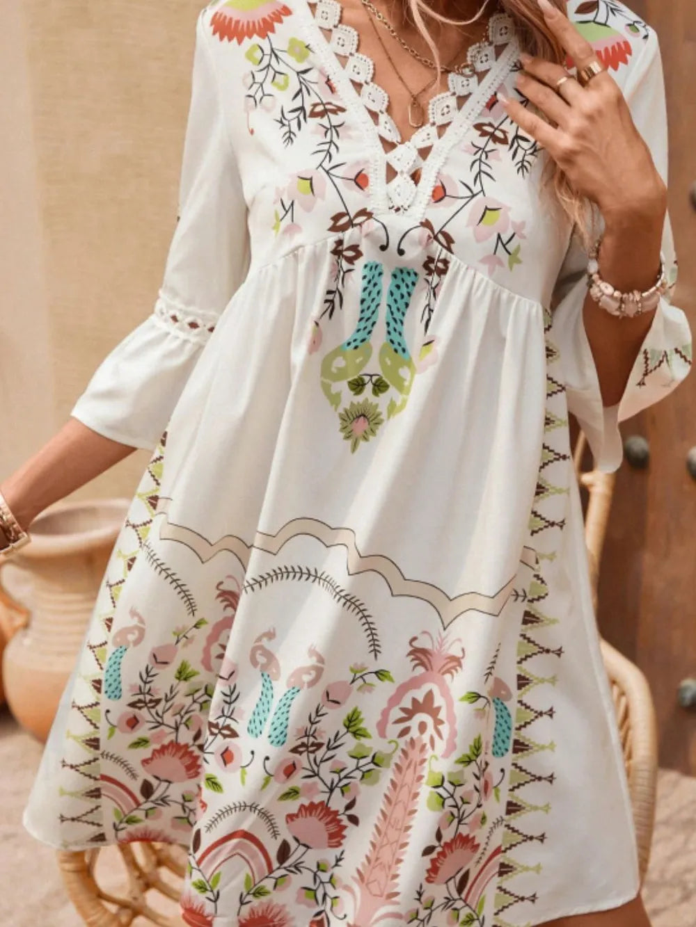 Lace Detail Printed Three-Quarter Sleeve Dress-Dresses-Krush Kandy, Women's Online Fashion Boutique Located in Phoenix, Arizona (Scottsdale Area)
