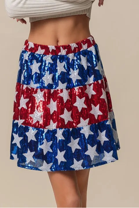 BiBi American Flag Theme Star Sequin Tiered Skirt-Skirts-Krush Kandy, Women's Online Fashion Boutique Located in Phoenix, Arizona (Scottsdale Area)
