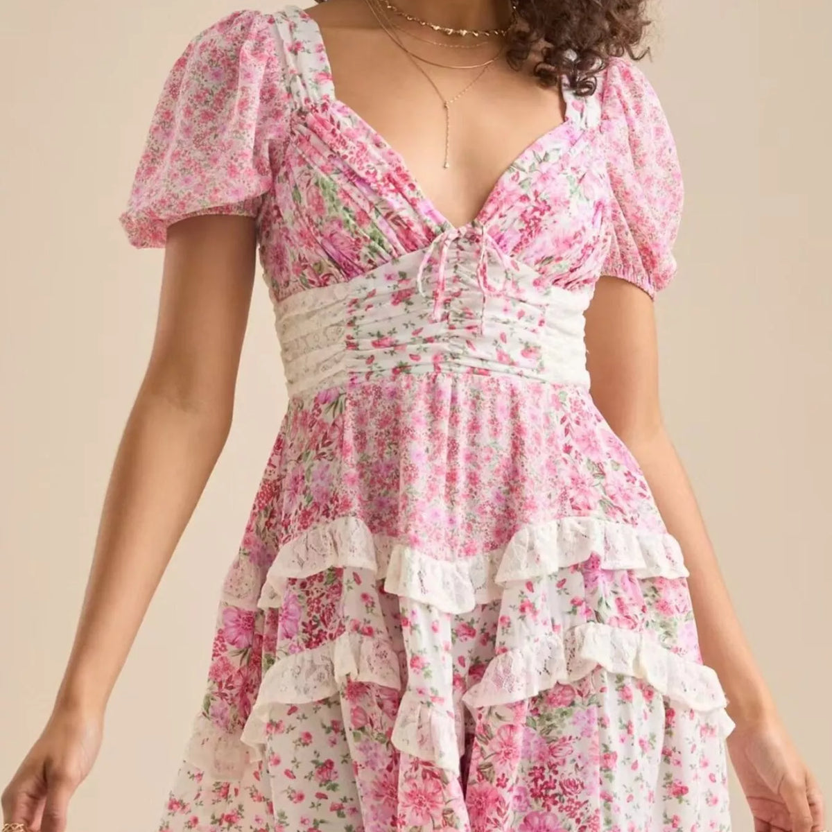 fitted lace wedding dress DIXIE BALLOON SLEEVE MINI DRESS IN PINK – AKIRA main image 0