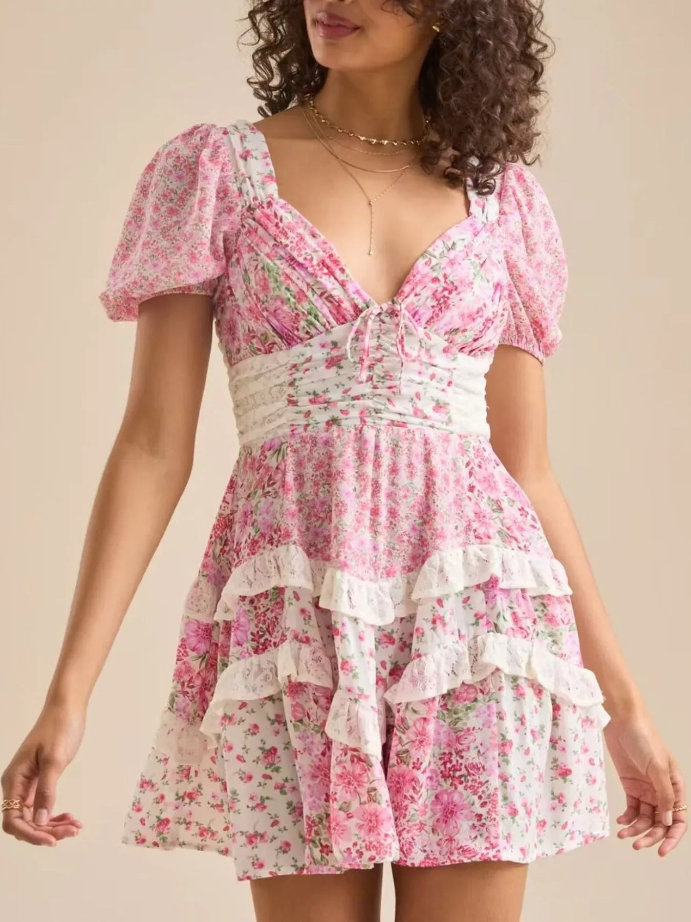 Floral Puff Sleeve Tiered Mini Dress-Dresses-Krush Kandy, Women's Online Fashion Boutique Located in Phoenix, Arizona (Scottsdale Area)