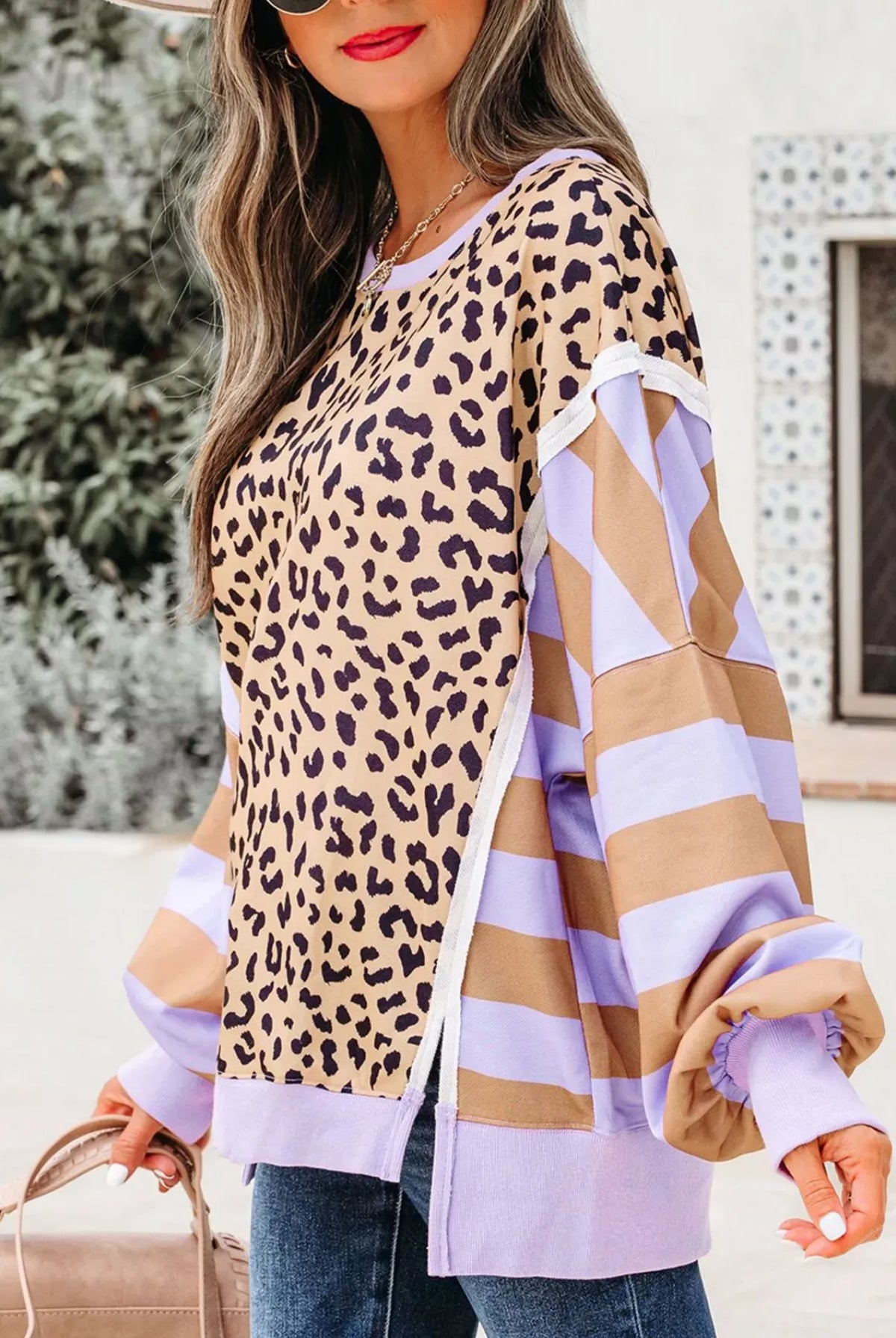 Stripe Color Block Patchwork Leopard Casual Sweatshirt with Slits-Sweaters-Krush Kandy, Women's Online Fashion Boutique Located in Phoenix, Arizona (Scottsdale Area)
