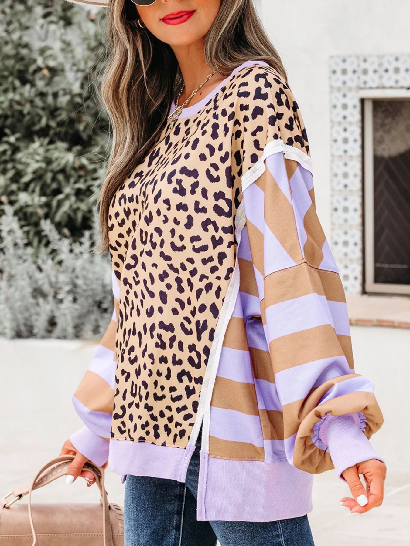 Stripe Color Block Patchwork Leopard Casual Sweatshirt with Slits-Sweaters-Krush Kandy, Women's Online Fashion Boutique Located in Phoenix, Arizona (Scottsdale Area)