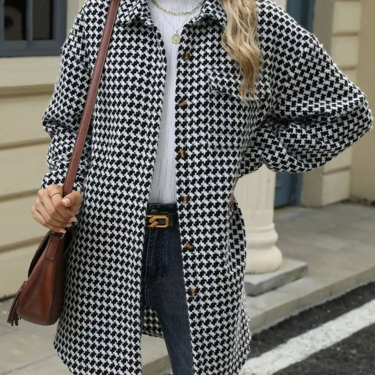Houndstooth Button Up Long Sleeve Coat-Jacket-Krush Kandy, Women's Online Fashion Boutique Located in Phoenix, Arizona (Scottsdale Area)