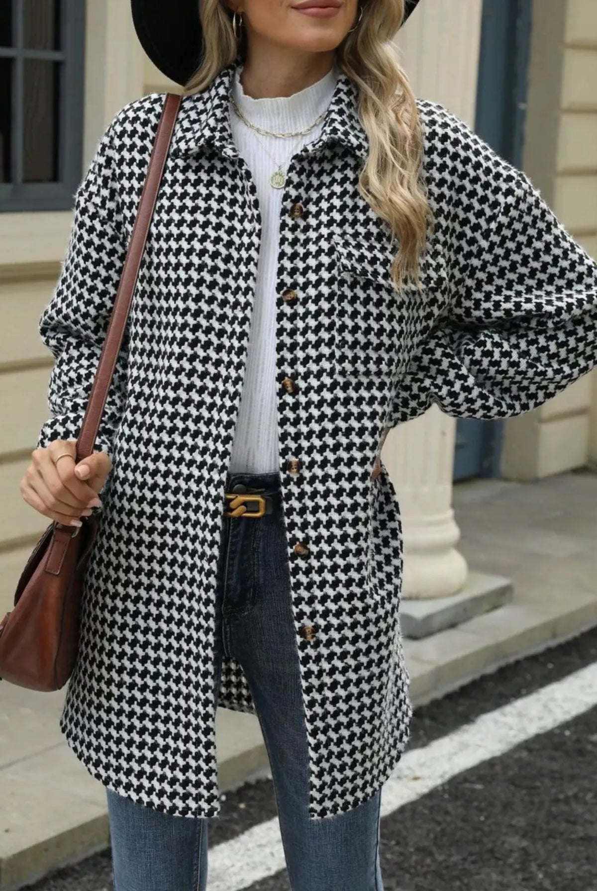 Houndstooth Button Up Long Sleeve Coat-Jacket-Krush Kandy, Women's Online Fashion Boutique Located in Phoenix, Arizona (Scottsdale Area)