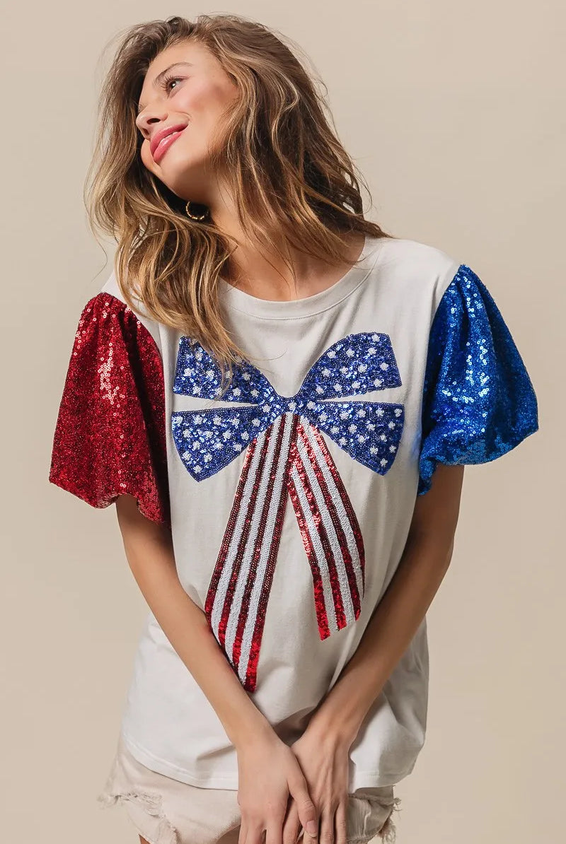 BiBi Sequin American Flag Bow Top-Tops-Krush Kandy, Women's Online Fashion Boutique Located in Phoenix, Arizona (Scottsdale Area)