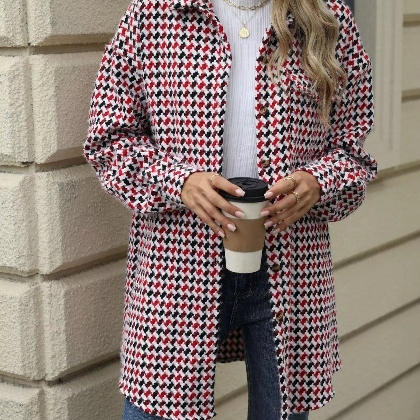 Houndstooth Button Up Long Sleeve Coat-Jacket-Krush Kandy, Women's Online Fashion Boutique Located in Phoenix, Arizona (Scottsdale Area)