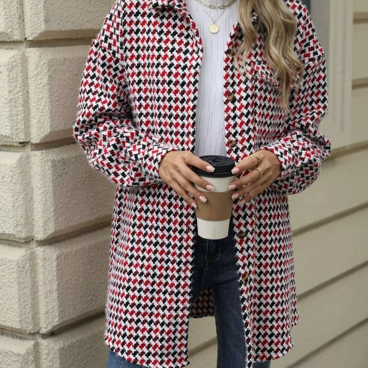 Houndstooth Button Up Long Sleeve Coat-Jacket-Krush Kandy, Women's Online Fashion Boutique Located in Phoenix, Arizona (Scottsdale Area)