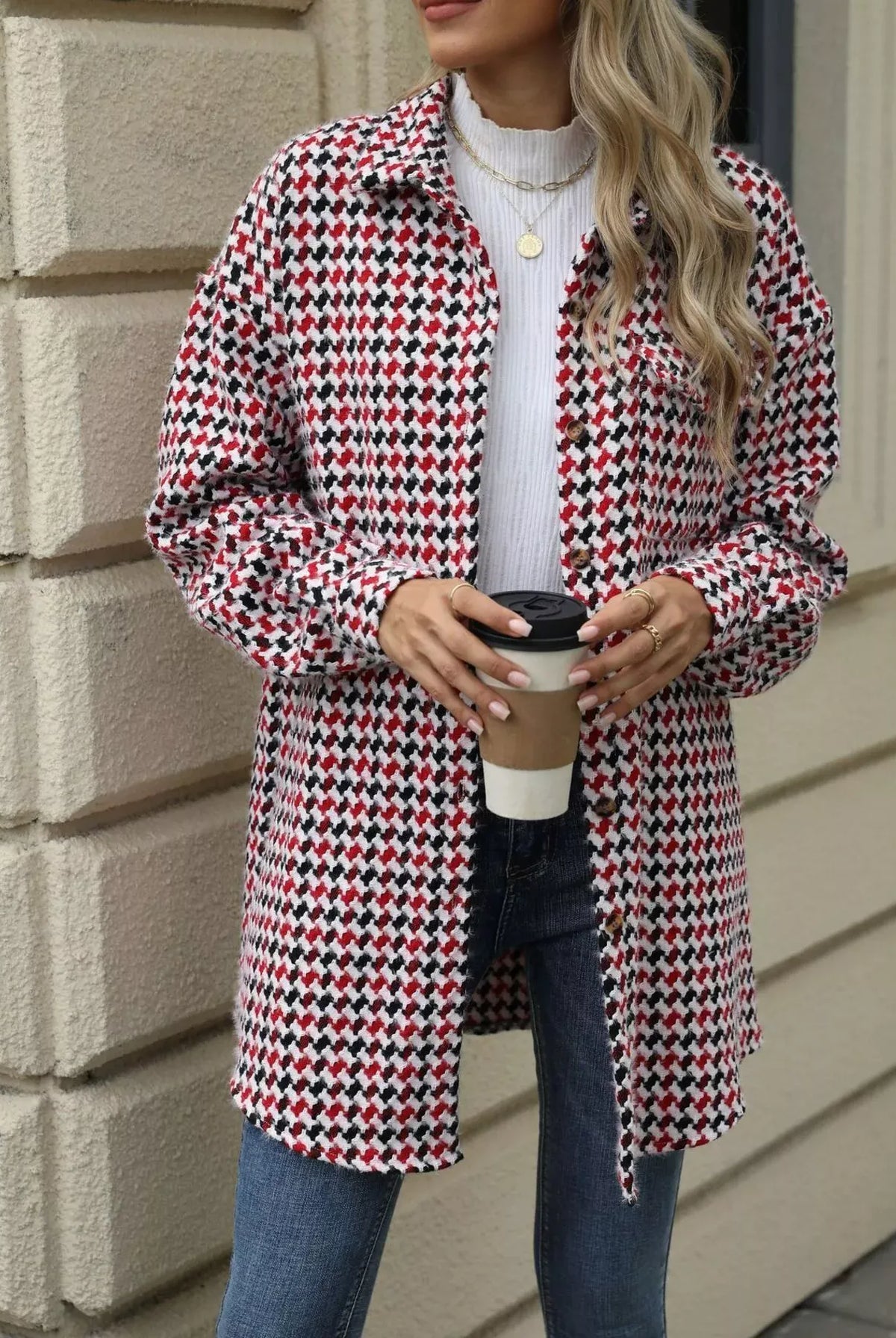 Houndstooth Button Up Long Sleeve Coat-Jacket-Krush Kandy, Women's Online Fashion Boutique Located in Phoenix, Arizona (Scottsdale Area)