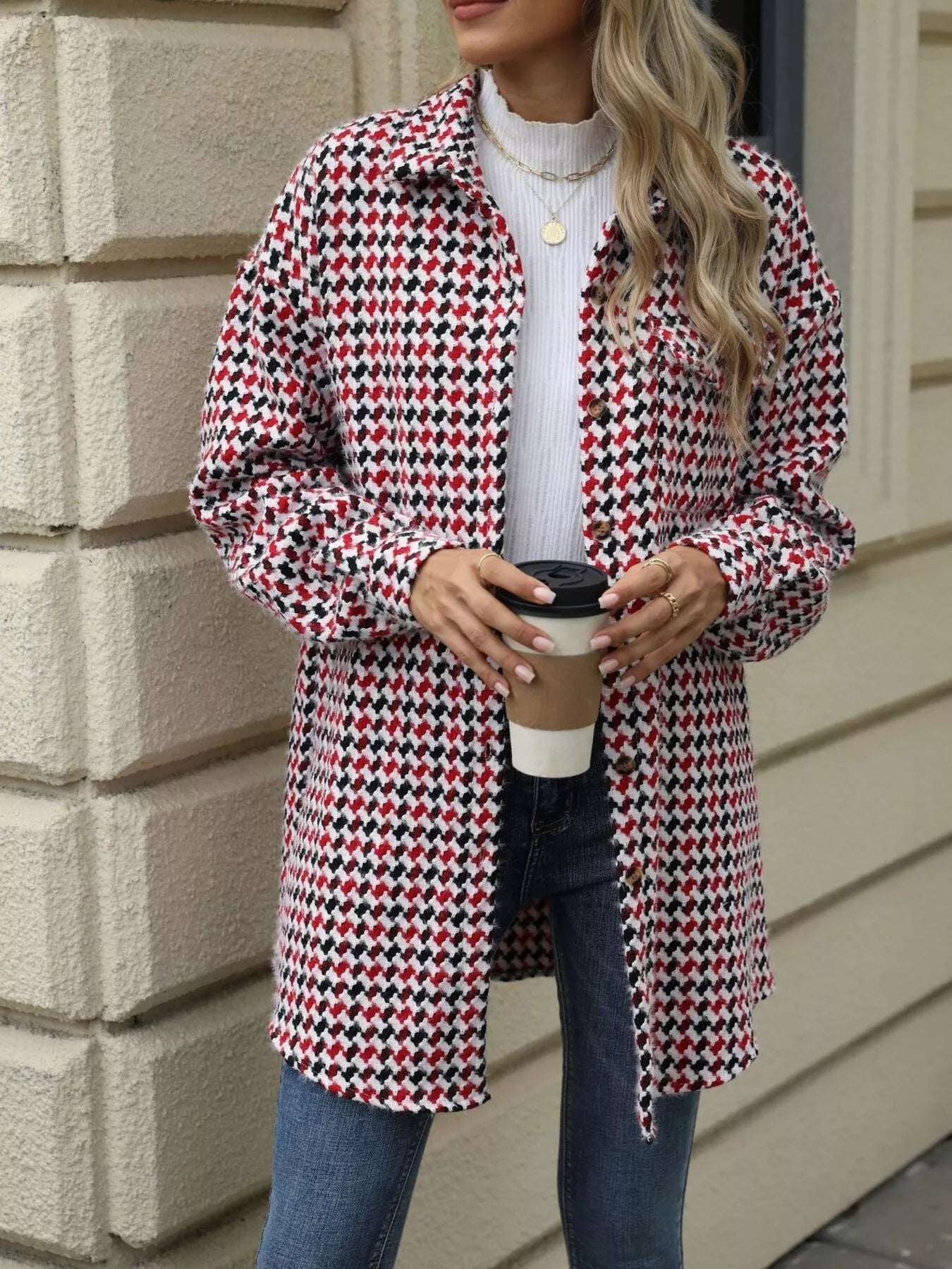 Houndstooth Button Up Long Sleeve Coat-Jacket-Krush Kandy, Women's Online Fashion Boutique Located in Phoenix, Arizona (Scottsdale Area)