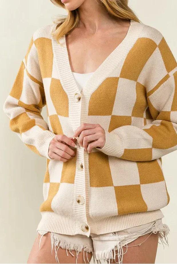 BiBi Checked V-neck Cardigan-Tops-Krush Kandy, Women's Online Fashion Boutique Located in Phoenix, Arizona (Scottsdale Area)