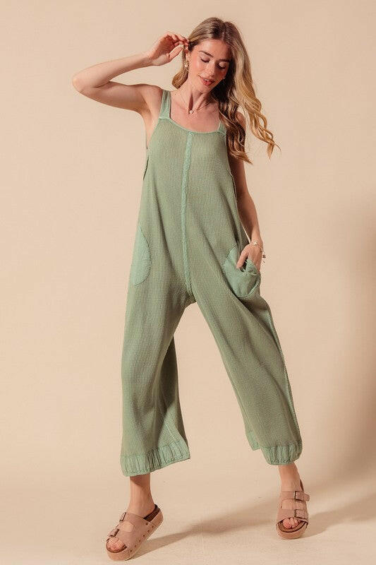 SO ME Mineral Washed Thermal Waffle Wide Leg Jumpsuit-Jumpsuits & Rompers-Krush Kandy, Women's Online Fashion Boutique Located in Phoenix, Arizona (Scottsdale Area)