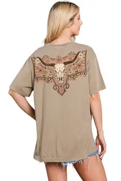 Floral Cow Skull Graphic Premium Washed Tee PREORDER-Graphic Tees-Krush Kandy, Women's Online Fashion Boutique Located in Phoenix, Arizona (Scottsdale Area)