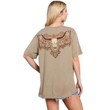 Floral Cow Skull Graphic Premium Washed Tee PREORDER-Graphic Tees-Krush Kandy, Women's Online Fashion Boutique Located in Phoenix, Arizona (Scottsdale Area)