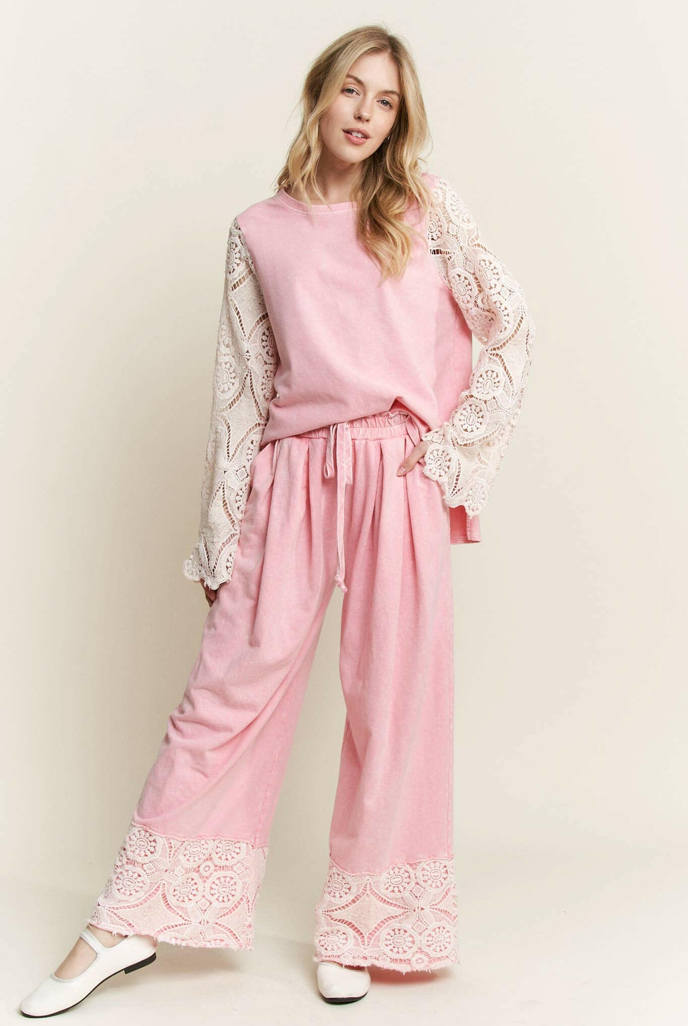 J.HER MineralWash Crochet Plicated Wide Leg Terry Pants-Krush Kandy, Women's Online Fashion Boutique Located in Phoenix, Arizona (Scottsdale Area)