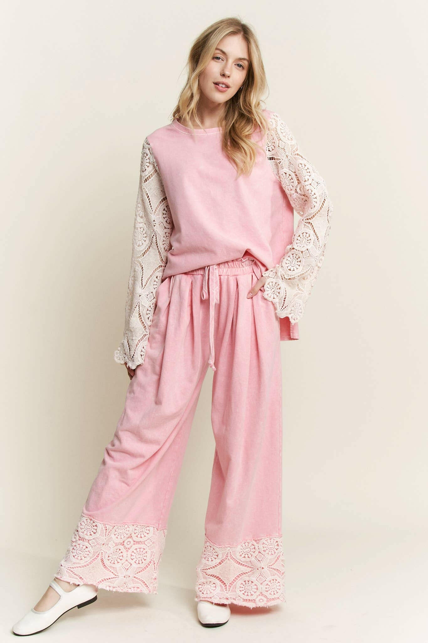 J.HER MineralWash Crochet Plicated Wide Leg Terry Pants-Krush Kandy, Women's Online Fashion Boutique Located in Phoenix, Arizona (Scottsdale Area)